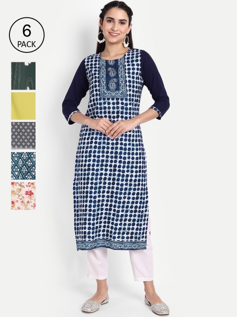 

Ethnic basket Women Pack of 6 Blue & White Printed Crepe Kurta