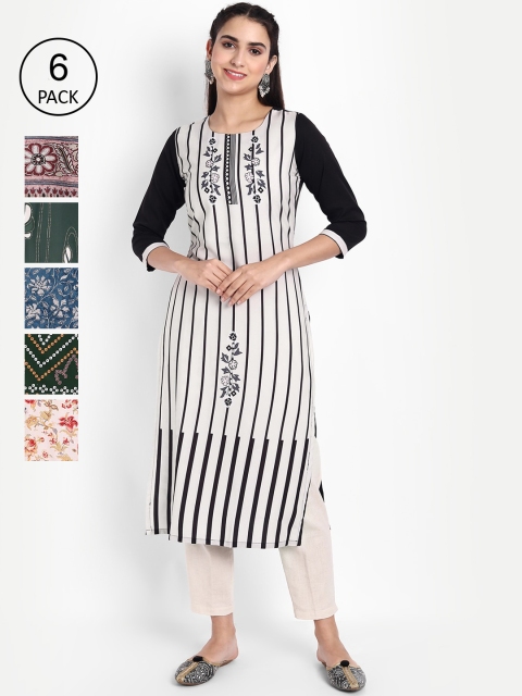 

Ethnic basket Women Multicoloured Striped Thread Work Floral Crepe Kurta, Multi