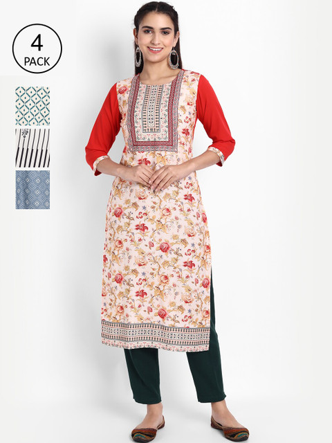 

Ethnic basket Women Multicoloured Striped Thread Work Floral Crepe Kurta, Multi