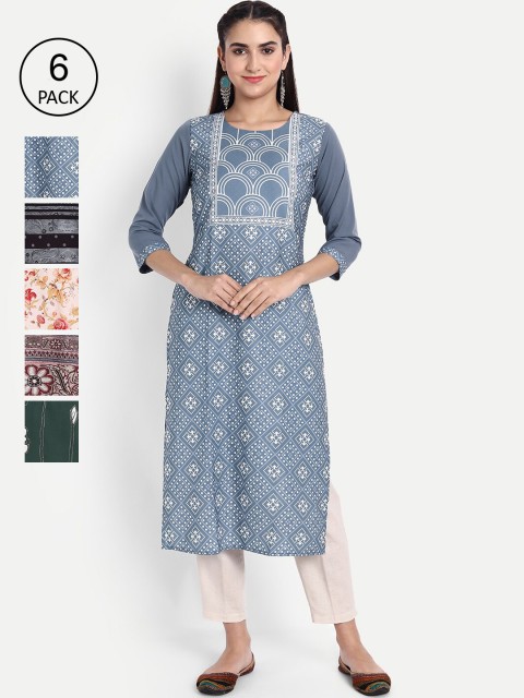 

Ethnic basket Pack of 6 Women Ethnic Motifs Printed Crepe Kurta, Multi