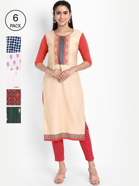 

Ethnic basket Women Pack of 6 Digital Print Crepe Kurta, Multi