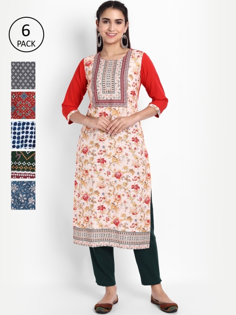 

Ethnic basket Woman Pack of 6 Multicoloured Floral Printed Floral Crepe Kurta, Multi