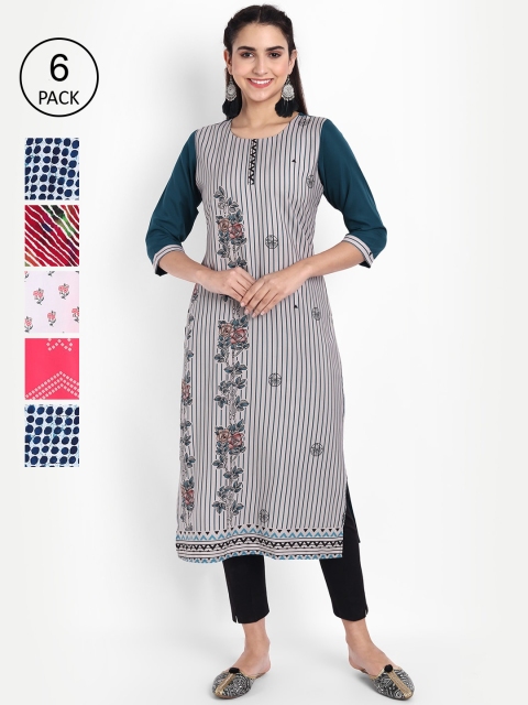 

Ethnic basket Women Grey & Blue Pack Of 6 Print Straight Kurta