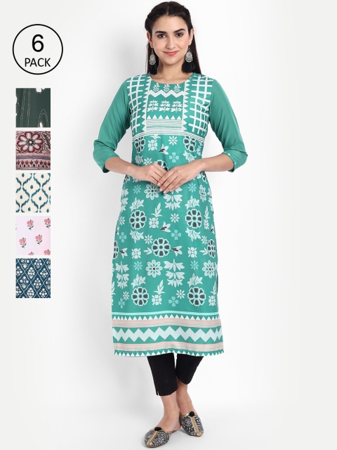 

Ethnic basket Women Pack of 6 Ethnic Motifs Embroidered Floral Crepe Kurta, Multi