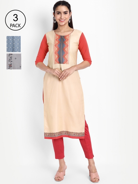 

Ethnic basket Women Pack Of 3 Printed Crepe Kurta, Beige