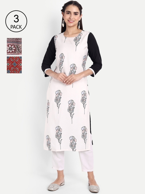 

Ethnic basket Women Pack of 3 Ethnic Motifs Printed Crepe Kurta, White