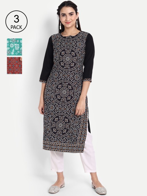 

Ethnic basket Women Pack Of 3 Printed Crepe Kurta, Black