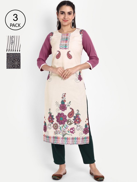 

Ethnic basket Women Pack Of 3 Printed Crepe Kurta, White