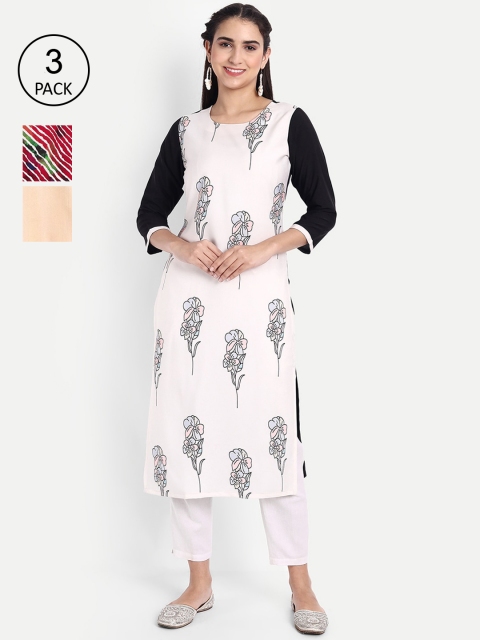 

Ethnic basket Women Pack of 3 Ethnic Motifs Printed Crepe Kurta, White