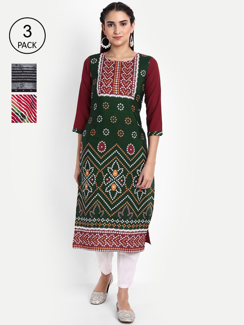 

Ethnic basket Women Pack Of 3 Printed Crepe Kurta, Green