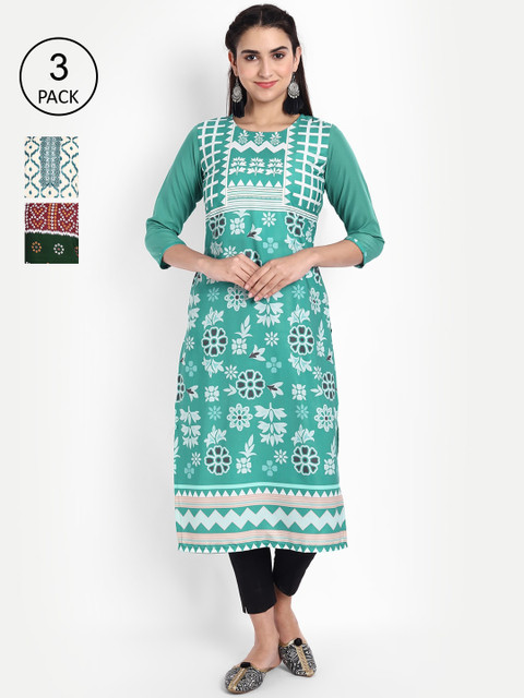 

Ethnic basket Women Pack Of 3 Printed Crepe Kurta, Sea green