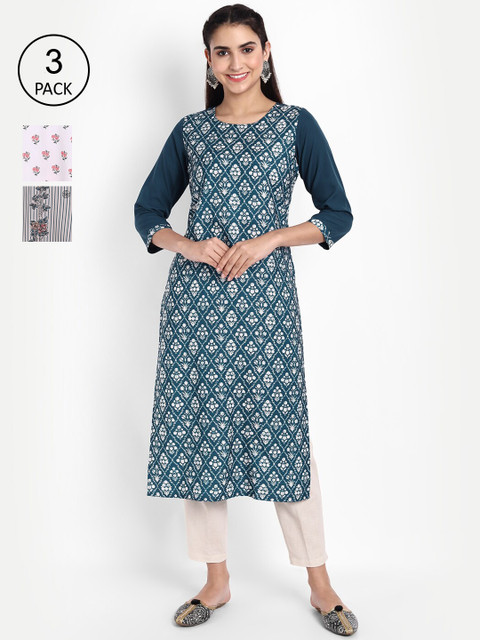 

Ethnic basket Women Pack of 3 Ethnic Motifs Printed Crepe Kurta, Green