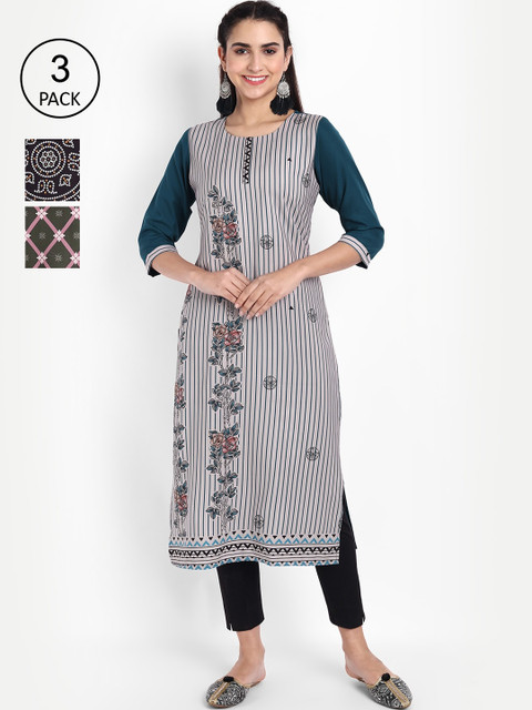

Ethnic basket Women Pack Of 3 Printed Crepe Kurta, Black