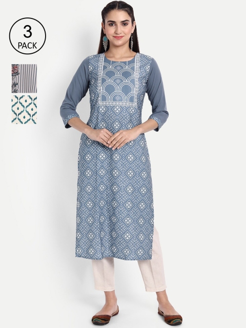 

Ethnic basket Women Pack of 3 Ethnic Motifs Printed Crepe Kurta, Grey