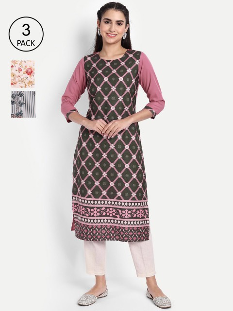 

Ethnic basket Women Pack of 3 Floral Printed Thread Work Floral Crepe Kurta, Multi