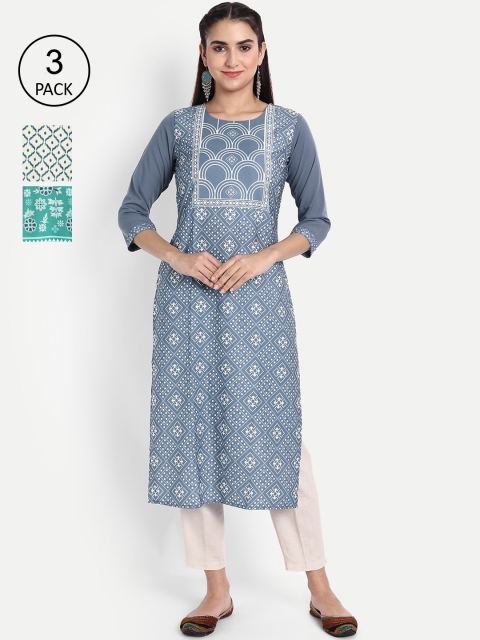 

Ethnic basket Women Pack of 3 Ethnic Motifs Printed Crepe Kurta, Grey