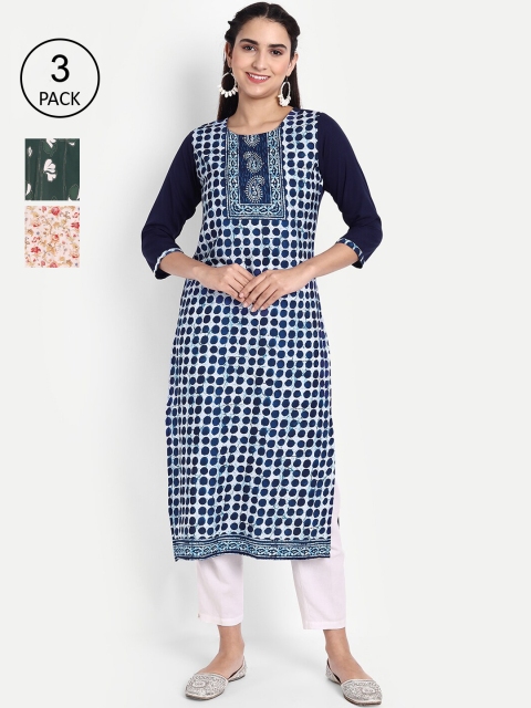 

Ethnic basket Women Pack Of 3 Printed Crepe Kurta, Blue