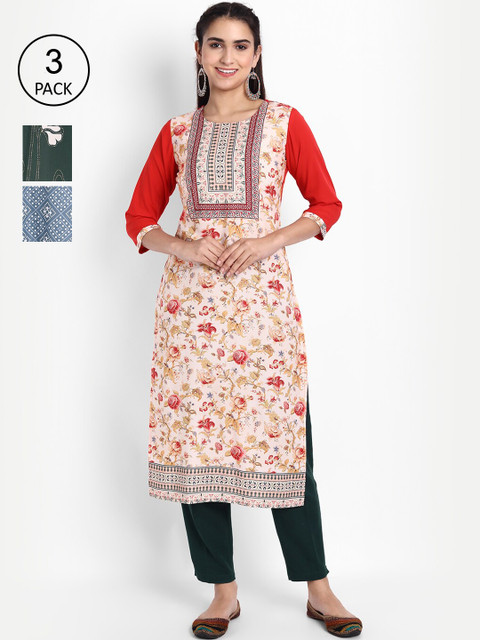 

Ethnic basket Women Pack of 3 Ethnic Motifs Printed Crepe Kurta, Red