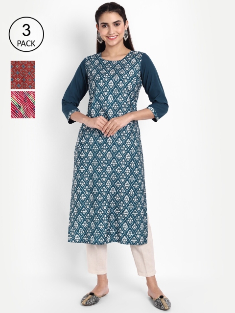 

Ethnic basket Women Pack of 3 Ethnic Motifs Printed Crepe Kurta, Red