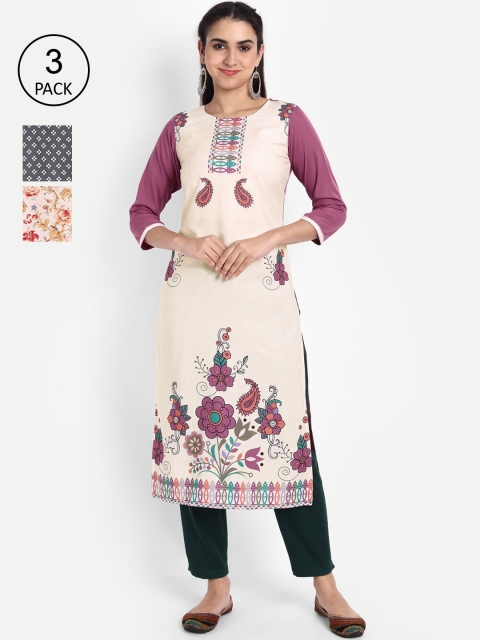 

Ethnic basket Women Pack of 3 Ethnic Motifs Printed Crepe Kurta, Grey