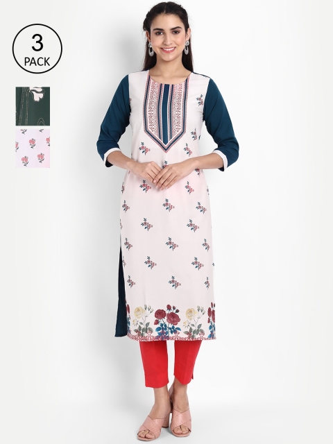 

Ethnic basket Women Pack Of 3 Printed Crepe Kurta, White