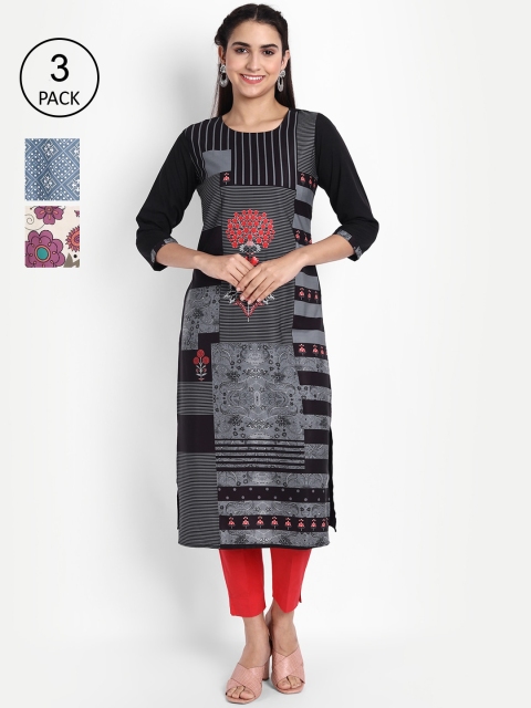 

Ethnic basket Women Pack of 3 Ethnic Motifs Printed Crepe Kurta, Black