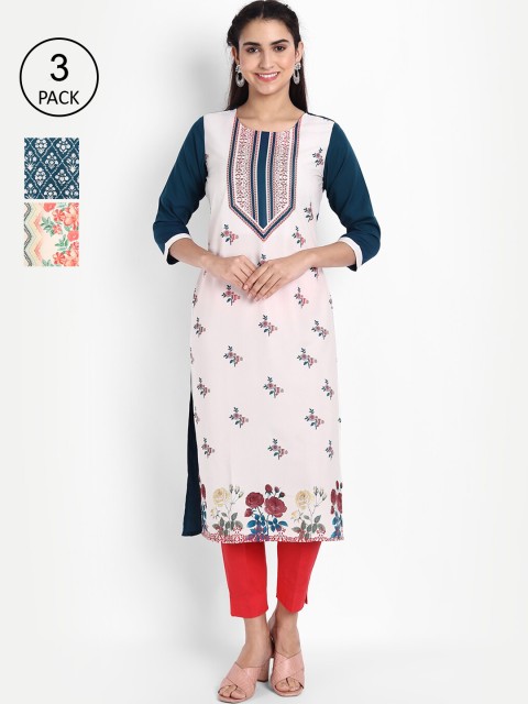 

Ethnic basket Women Pack of 3 Ethnic Motifs Printed Crepe Kurta, Teal
