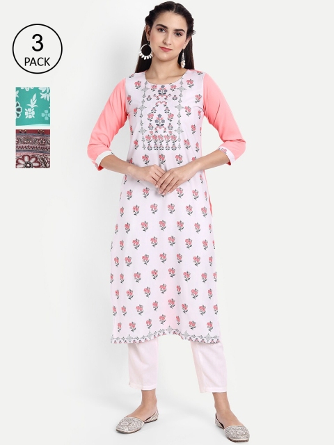 

Ethnic basket Women Pack Of 3 Printed Crepe Kurta, White