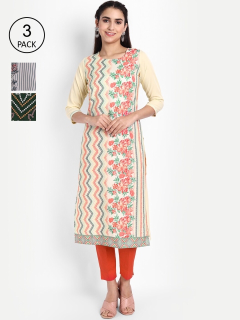 

Ethnic basket Women Pack of 3 Ethnic Motifs Printed Crepe Kurta, Yellow