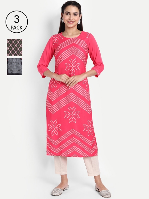 

Ethnic basket Women Pack Of 3 Printed Crepe Kurta, Pink