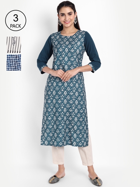 

Ethnic basket Women Pack of 3 Ethnic Motifs Printed Crepe Kurta, Teal