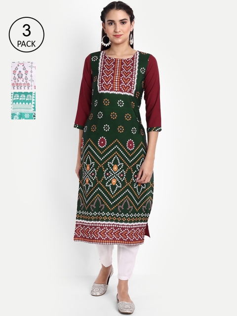 

Ethnic basket Women Pack of 3 Ethnic Motifs Printed Crepe Kurta, Green