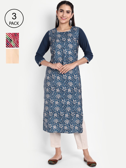 

Ethnic basket Women Pack of 3 Ethnic Motifs Printed Crepe Kurta, Teal
