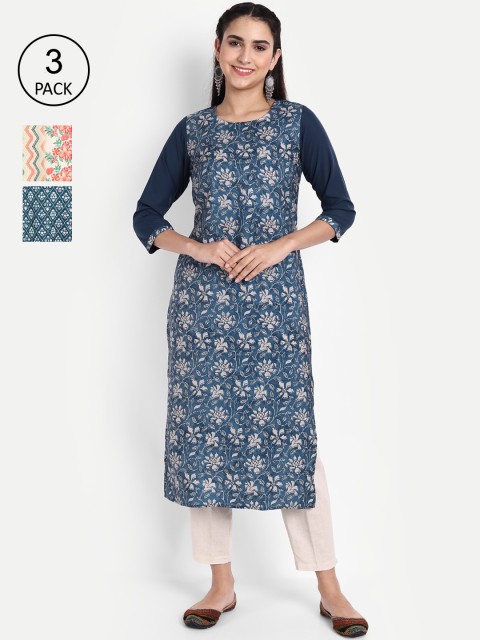 

Ethnic basket Women Pack Of 3 Printed Crepe Kurta, Blue
