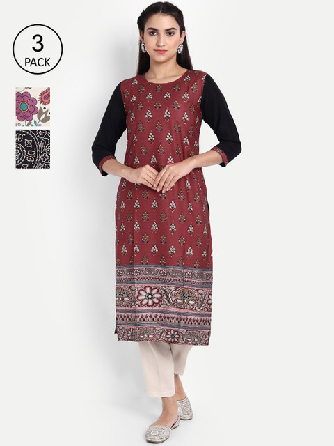 

Ethnic basket Women Pack Of 3 Printed Crepe Kurta, Maroon