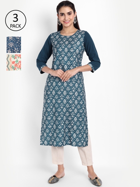 

Ethnic basket Women Pack Of 3 Printed Crepe Kurta, Blue