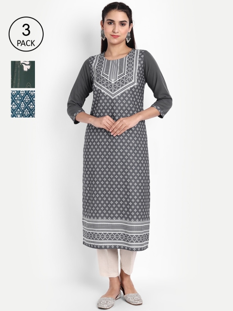 

Ethnic basket Women Pack Of 3 Printed Crepe Kurta, Grey