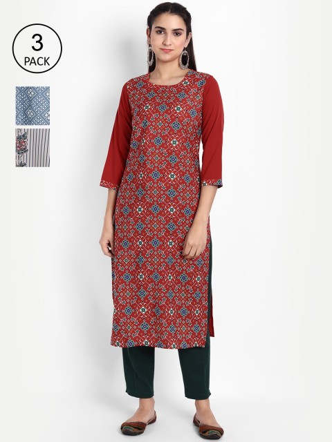 

Ethnic basket Women Pack Of 3 Printed Crepe Kurta, Red