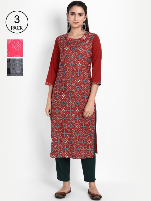 

Ethnic basket Women Pack of 3 Ethnic Motifs Printed Crepe Kurta, Red
