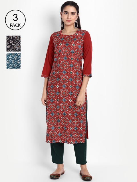 

Ethnic basket Women Pack of 3 Ethnic Motifs Printed Crepe Kurta, Red