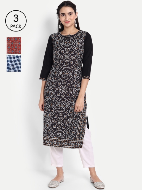 

Ethnic basket Women Pack of 3 Ethnic Motifs Printed Crepe Kurta, Red