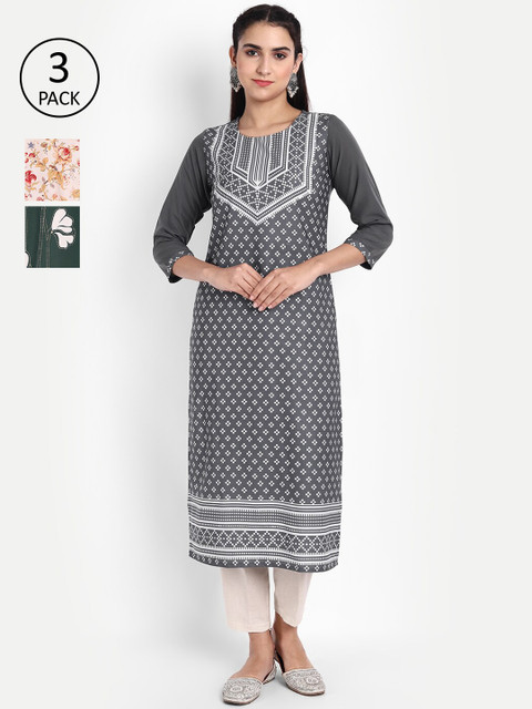 

Ethnic basket Women Pack Of 3 Printed Crepe Kurta, Green