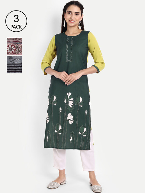 

Ethnic basket Women Pack Of 3 Geometric Printed Thread Work Floral Crepe Kurta, Green