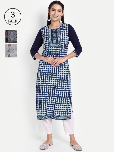 

Ethnic basket Women Pack of 3 Ethnic Motifs Printed Crepe Kurta, Blue