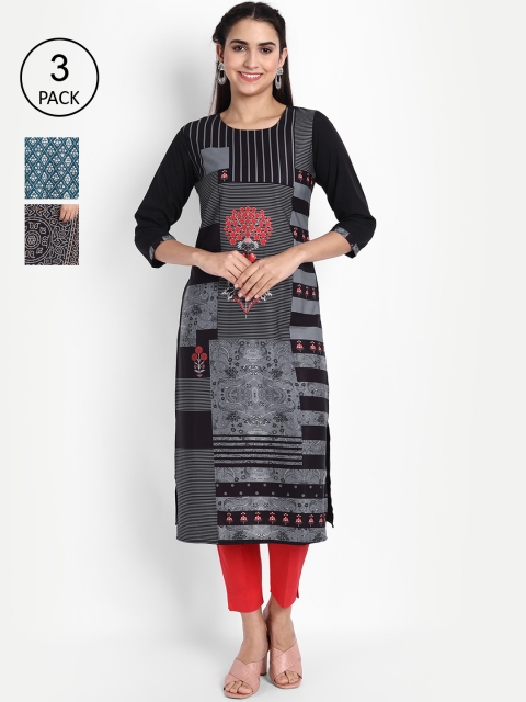 

Ethnic basket Women Pack Of 3 Printed Crepe Kurta, Black