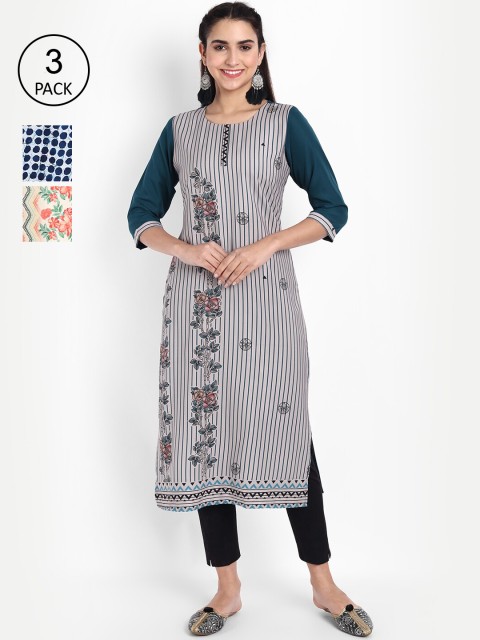 

Ethnic basket Women Pack of 3 Ethnic Motifs Printed Crepe Kurta, Yellow