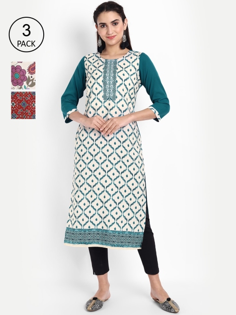 

Ethnic basket Women Pack Of 3 Printed Crepe Kurta, Off white