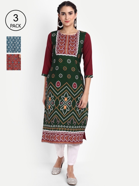 

Ethnic basket Women Pack Of 3 Printed Crepe Kurta, Green