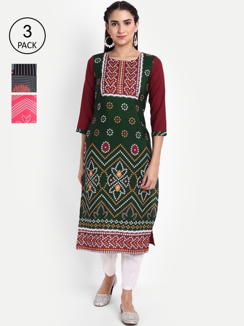 

Ethnic basket Women Pack of 3 Ethnic Motifs Printed Crepe Kurta, Green