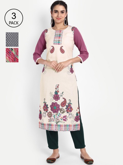 

Ethnic basket Women Pack of 3 Ethnic Motifs Printed Crepe Kurta, Beige